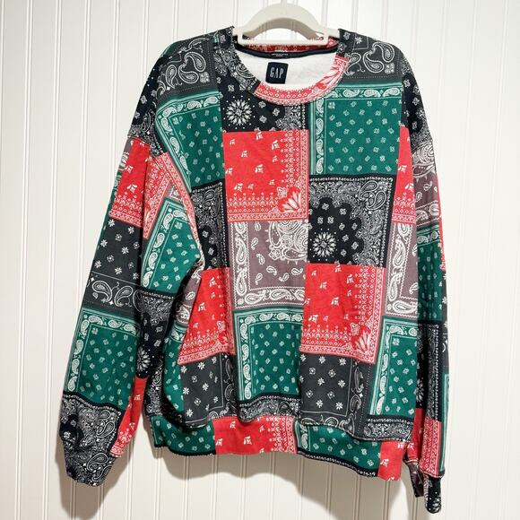 GAP Heavyweight Oversized Crew Sweatshirt Patchwork Bandanna Print Mens Large - Picture 2 of 7